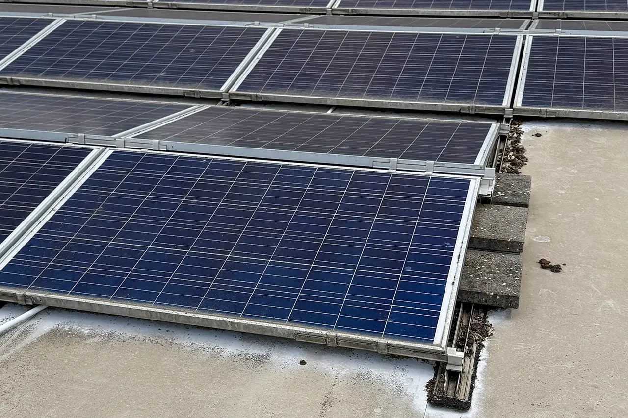 Photovoltaikmodule auf einem Flachdach mit Blick über die Dachfläche